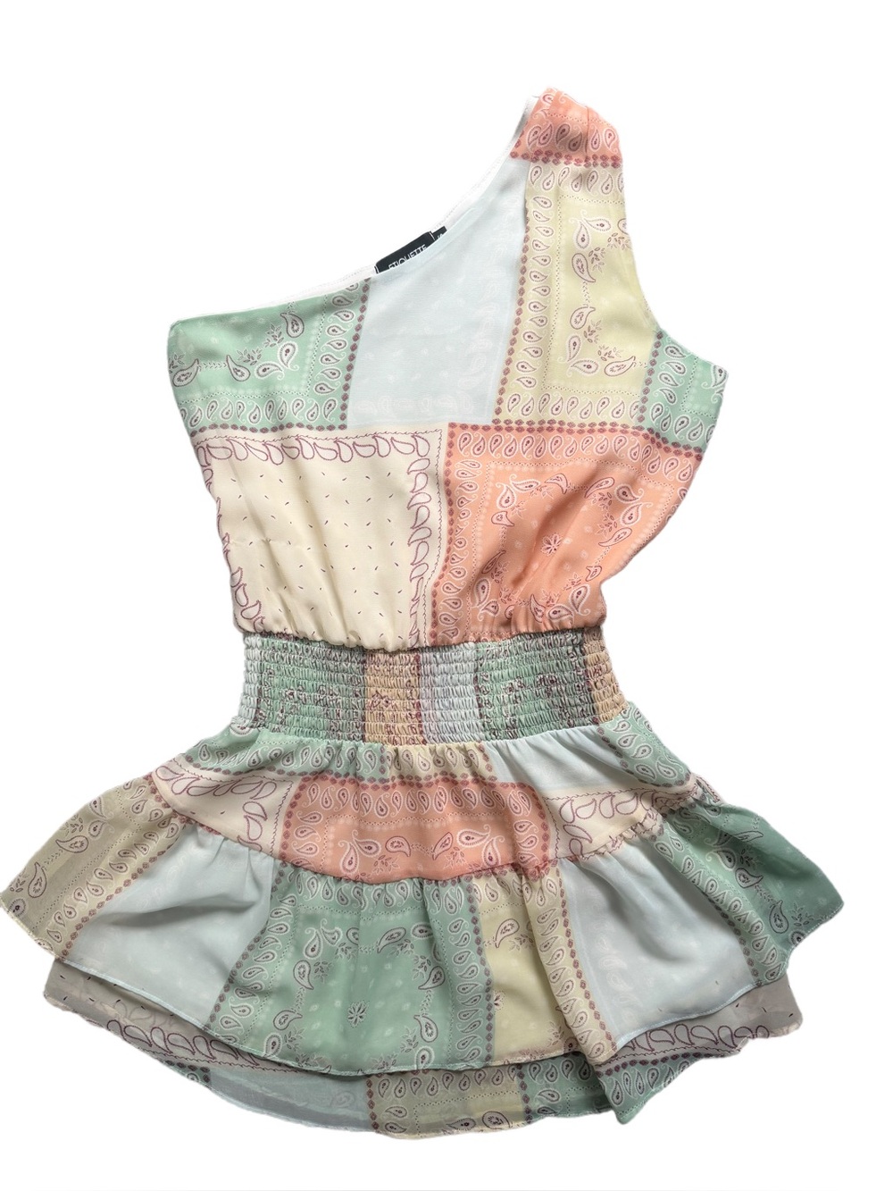 Etiquette Clothiers Mint & Cream One-Shoulder Patchwork Romper
